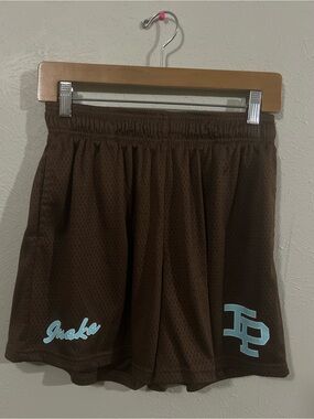 Men’s Inaka Power Brown Mesh Athletic Shorts with Light Blue Logos Size Medium